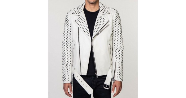 Women Studded Spike White Biker Leather Jacket