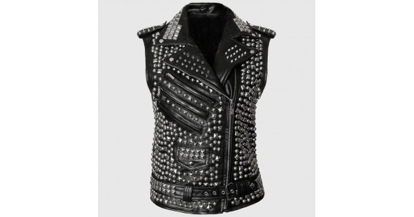 leathersguru Men Black Punk Silver Long Spiked Studded Leather Buttons Up Vest Silver Studs and Spikes Black Leather Studs Spike Large