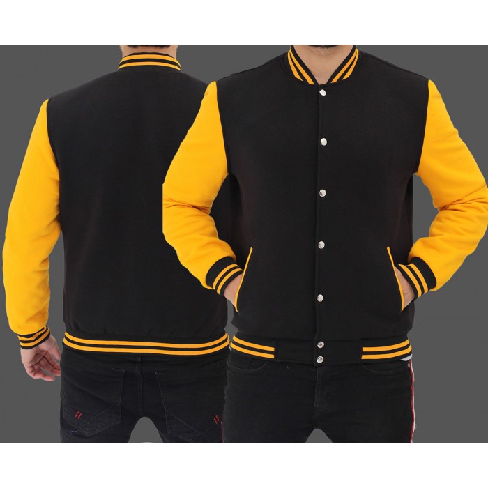 Varsity Letterman Bomber Jacket Yellow Wool & Black Real
